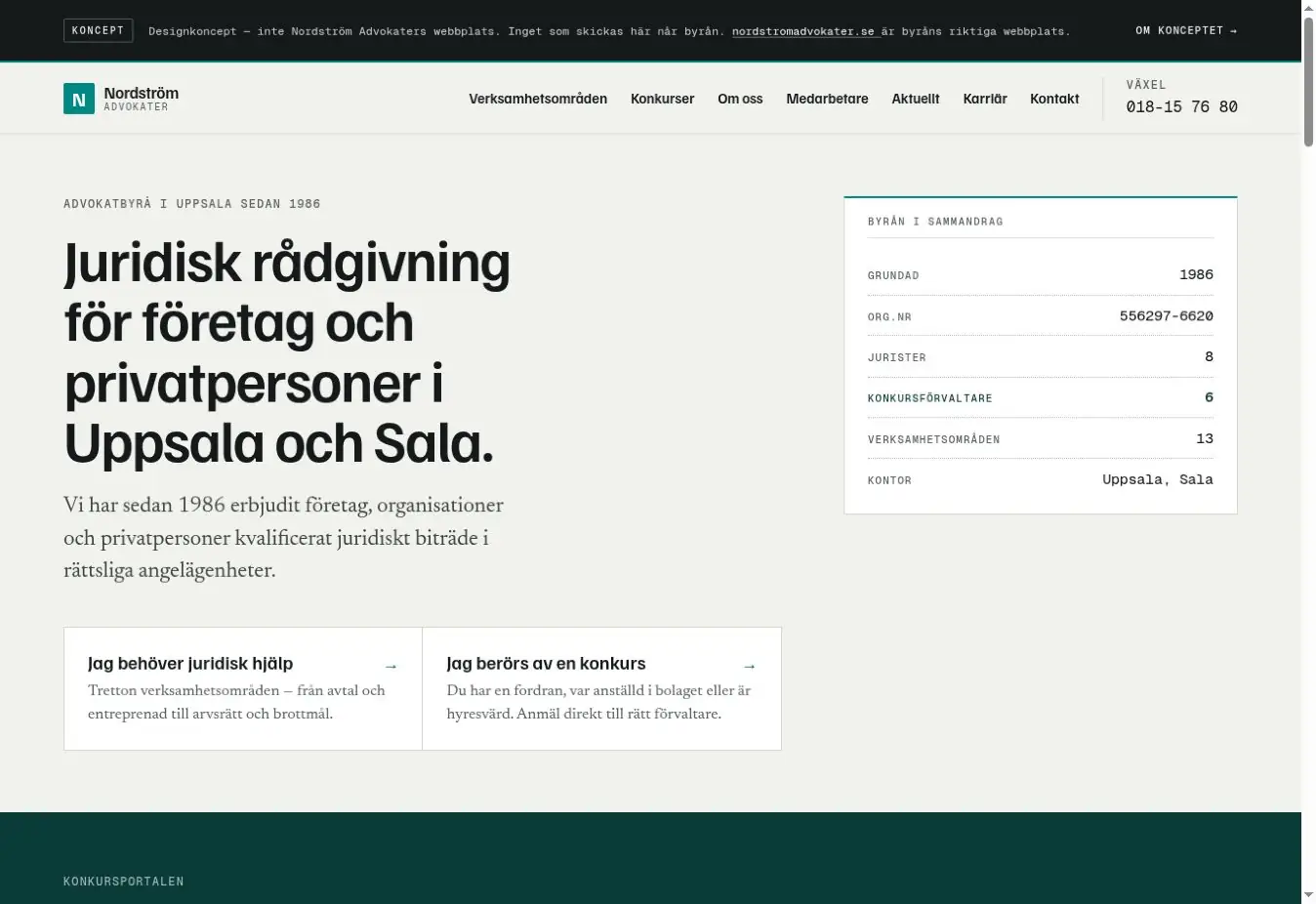 Nordström Advokater, startsidan med konkursportalen